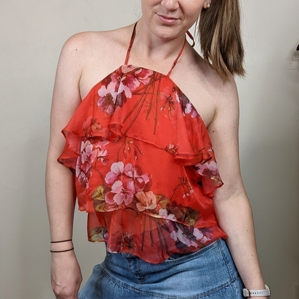 Y2K Red Floral Ruffled Layered Tiered Halter Top - Size Medium